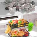 Large 2 Tier Fruit Basket for Kitchen Counter with 2 Banana Hangers, Metal Fruit Bowl with Protection Mats for Vegetable Bread Snack, Black, 14.5" W x 9.5" D
