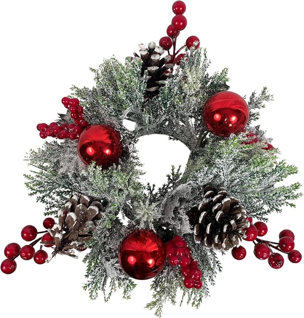12 Inch Christmas Candle Ring for 3 Inch Pillar Candle with Berries, Ornaments and Pinecones
