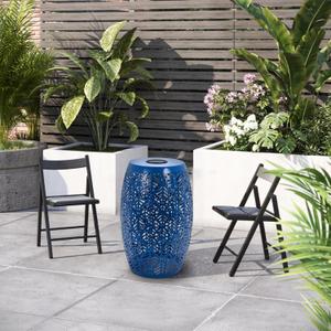 HPC Decor Outdoor Side Table - 18.3" Tall Iron Side Table with Waterproof Solar Powered Light,Small Patio Side Table for Outside,Backyard, Pool, Indoor,Decorative Garden Stool, Navy Blue