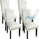 White Leather Chair Covers for Dining Chairs Set of 4, Faux Leather Dining Chair Covers Removable Wipeable Parson Chair Covers Leather, Stretch Waterproof Chair Seat Covers for Dining Chairs