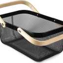 Portable Garden Harvest Basket-Mesh Design Natural Bamboo Handle Wire Storage Baskets,Mesh Basket with Handle Organize Items Reduce Space Occupation,Suitable for Kitchen,Garden,Picnic(Black)