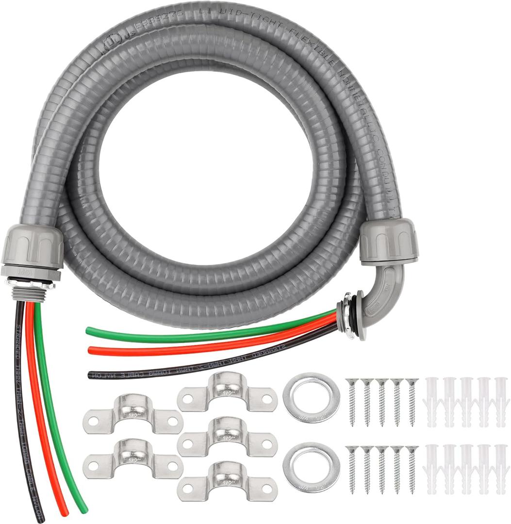 8FT Liquid-Tight Conduit Kit, 1/2" Pre-Wired Electrical Whip with 3×10AWG THHN Copper Wires, Bare Wire Ends, 90° & Straight Connectors, Outdoor HVAC A/C Wiring