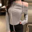 SHENHE Women's Off Shoulder Long Sleeve Top with Scarf Casual Fitted Going Out Tee Shirt (Gray, M)