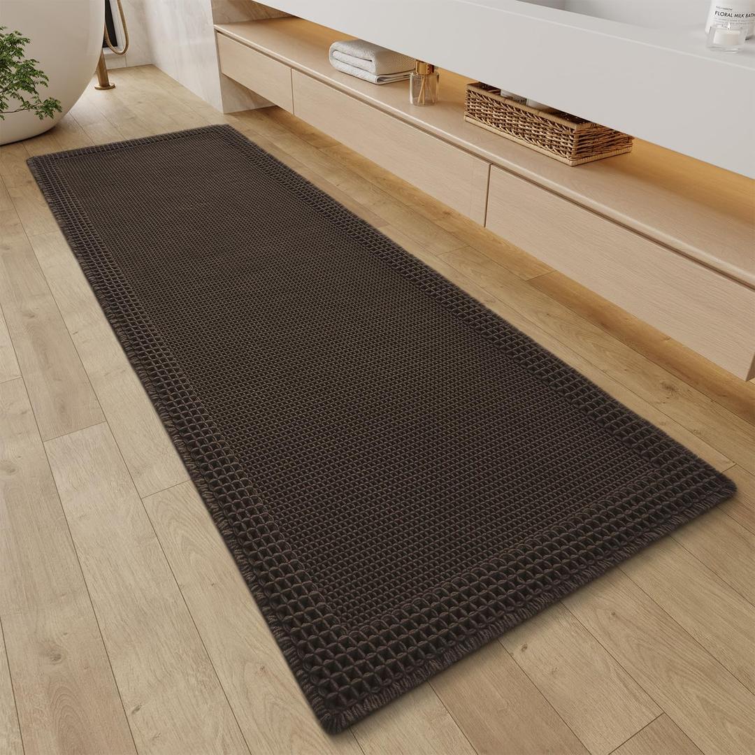 RESARE Waffle Bathroom Runner Rugs, Super Absorbent Bath Mat Non Slip Washable Quick Dry, Upgraded Ultra Soft Boho Bath Rugs with Tassels for Hallway Bedroom Laundry Room, 2'x6'(24"x72"), Chocolate