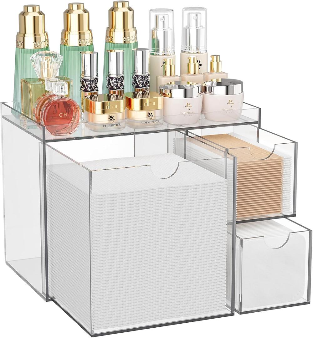 Youdepot Clear Acrylic Face Towel Holder with 3 Drawers, All-in-One Bathroom Vanity Organizer for Disposable Face Towels, Cotton Pads, Swabs and Skincare Tools