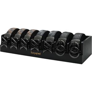 Belt Organizer, 7 Compartments Belt Organizer for Closet and Drawer, Belt Holder Case for Tie and Belt, Bamboo Storage Box for Men and Women (Black, 7)