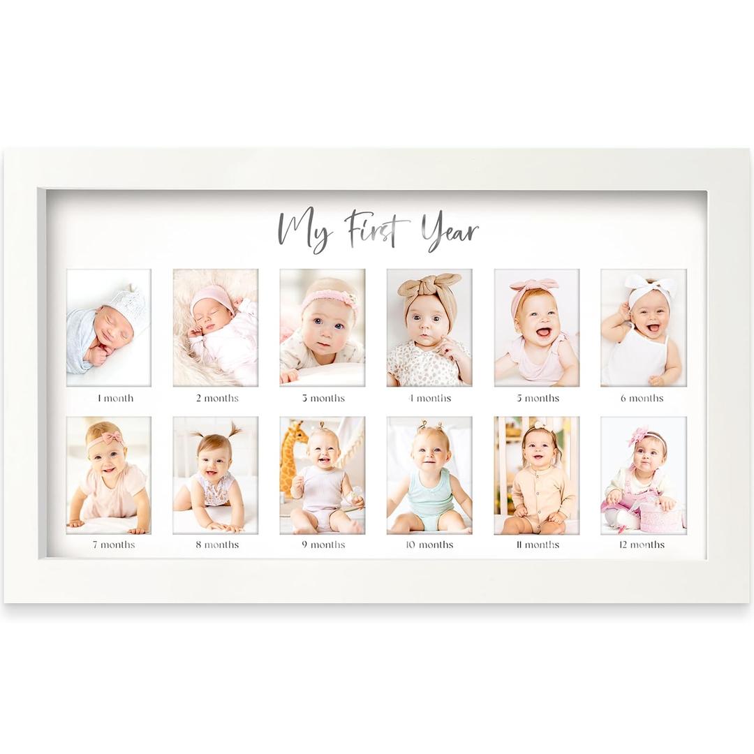 My First Year Photo Frame,12 Months Baby Picture Frame for Newborn Girl,Boy-Baby Shower Gifts Keepsakes, Monthly Baby's One Year Birthday Milestone,1st Nursery Photo Collage Display Board(Alpine White)
