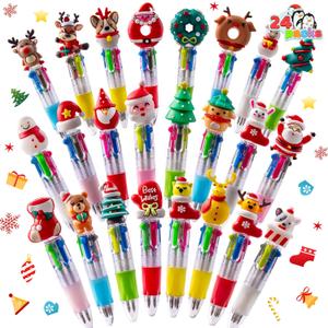 JOYIN 24 PCS Christmas Multicolor Pens Bulk For Kids, 4 Colors in 1 Ballpoint Pen for Xmas Party Favors, Christmas Stocking Stuffers For Students Teacher Classroom Prize Gifts, Goodie Bag Fillers