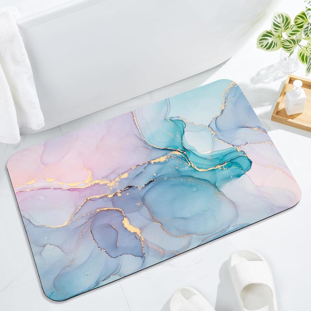 Gibelle Bath Mat Rug Super Absorbent Quick Dry Thin Bathroom Rugs Fit Under Door Non Slip Rubber Backed Bathroom Floor Mat for in Front of Bathtub Sink Shower (17"x24", Blue Pink) (D006)