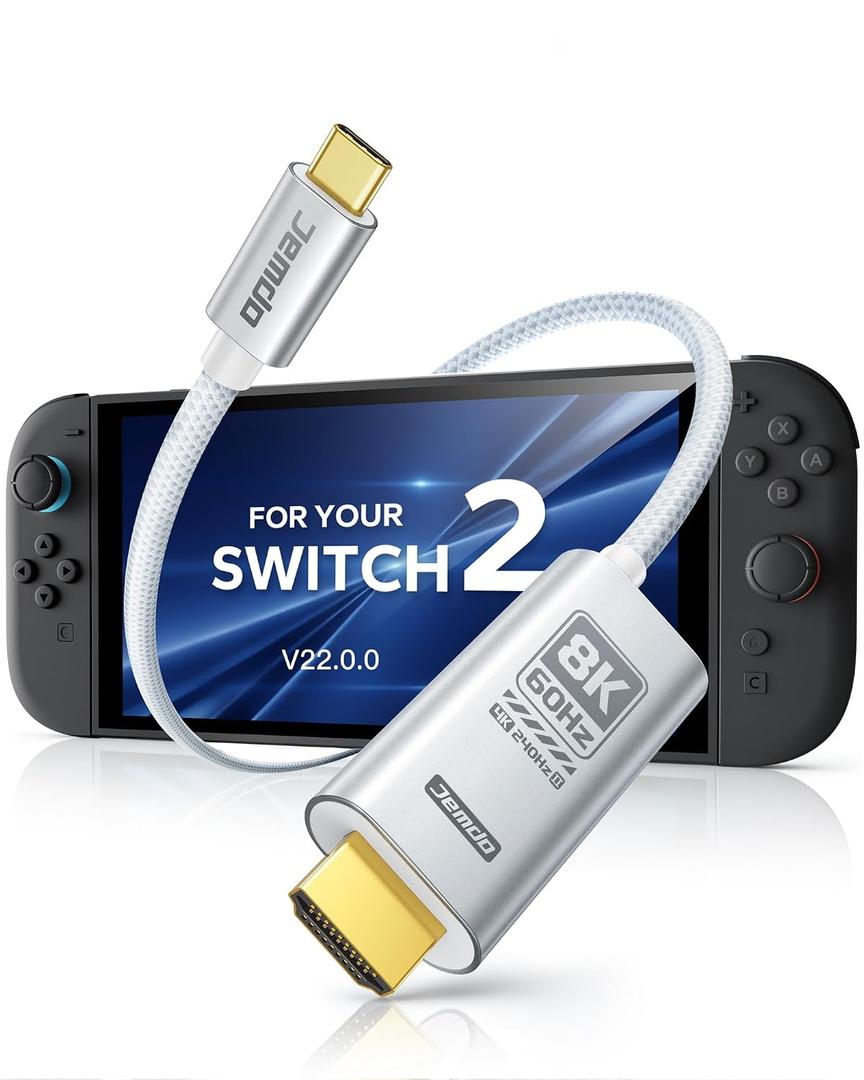 JEMDO Switch 2 (22.0.0+) Dock HDMI Cable 8K@60Hz HDR/ 4K@240Hz, 6.6ft USB-C to HDMI 2.1 48Gbps TV Dock, 100W PD Play While Charging, White Braided Portable Travel Adapter, Work with Switch 2/2017/OLED