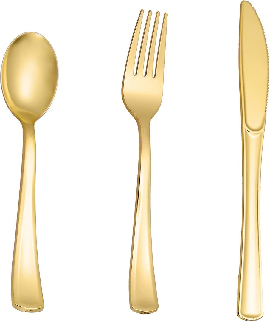 N9R 60pcs Gold Plastic Silverware - Gold Plastic Cutlery Set Disposable Flatware Dinnerware -30 Forks, 15 Spoons, 15 Knives for Party, Thanksgiving, Christmas (Gold-60pcs)