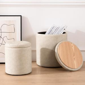 oakvivo Faux Leather Round Ottoman with Storage 12.6" W x 14.17" H & 14.76" W x 17.32" H Set of 2, Small Boucle Coffee Table Footstool with Removable Lid for Living Room, Bedroom, Beige