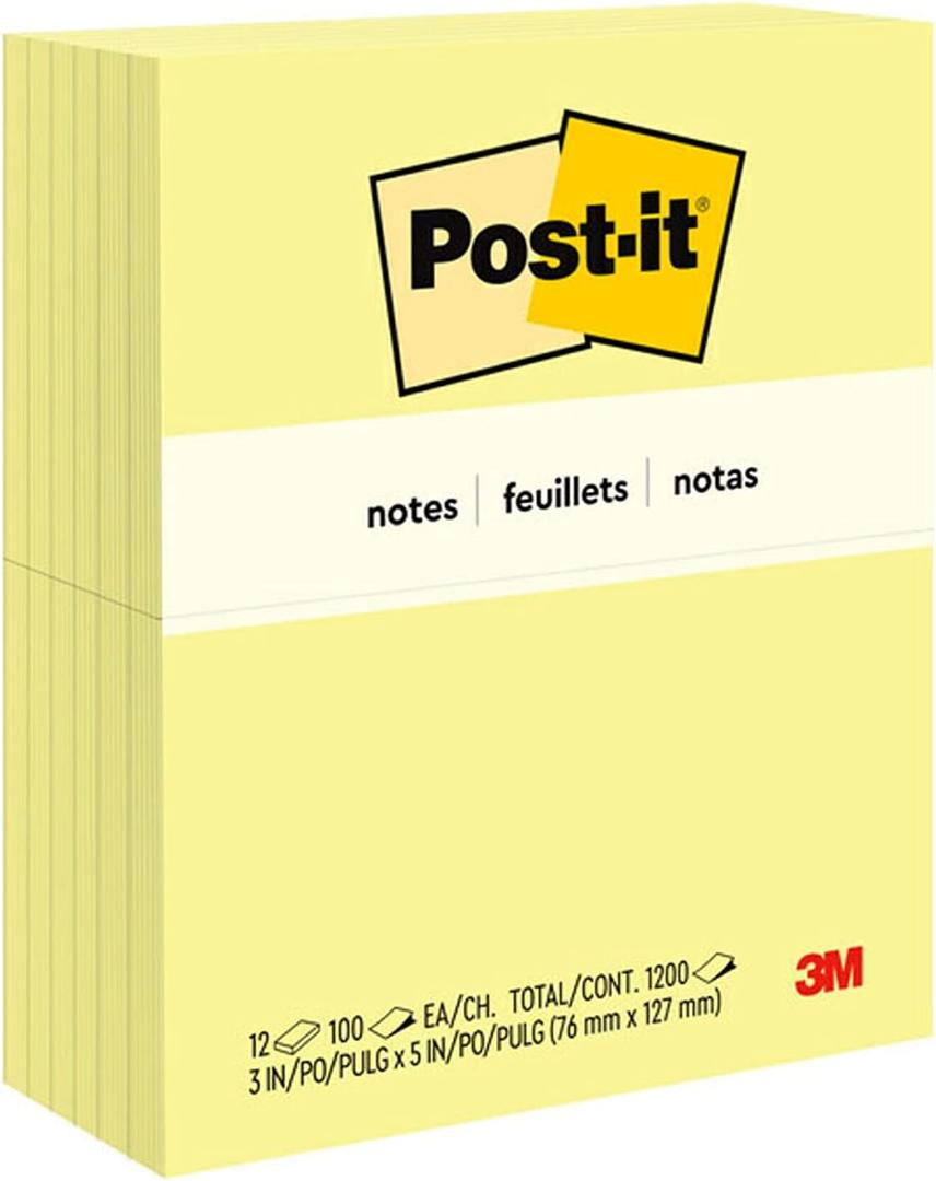 Post-it Notes, 3 in x 5 in, 12 Sticky Notes Pads, 100 Sheets per Pad, Canary Yellow, The Original Post-it Note, School Supplies and Oce Products
