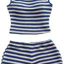 Verdusa Women's 2 Piece Striped Outfits Off The Shoulder Crop Tops and Mini Shorts Set (Large, Blue and White)
