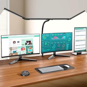 Pzloz Led Desk Lamps for Home Office - Eye Caring Architect Lamp with Clamp, Double Head Computer Monitor Work Desk Light with Remote Control: 24W Flexible Dimmable Desktop Table Lamp (Black Plus)