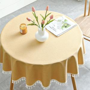 Qubjus Round Textured Tablecloth Waterproof Cotton Linen Tassel Wrinkle Free Washable Decorative Fabric Table Cover for Kitchen Dining Table, Round-78, Yellow