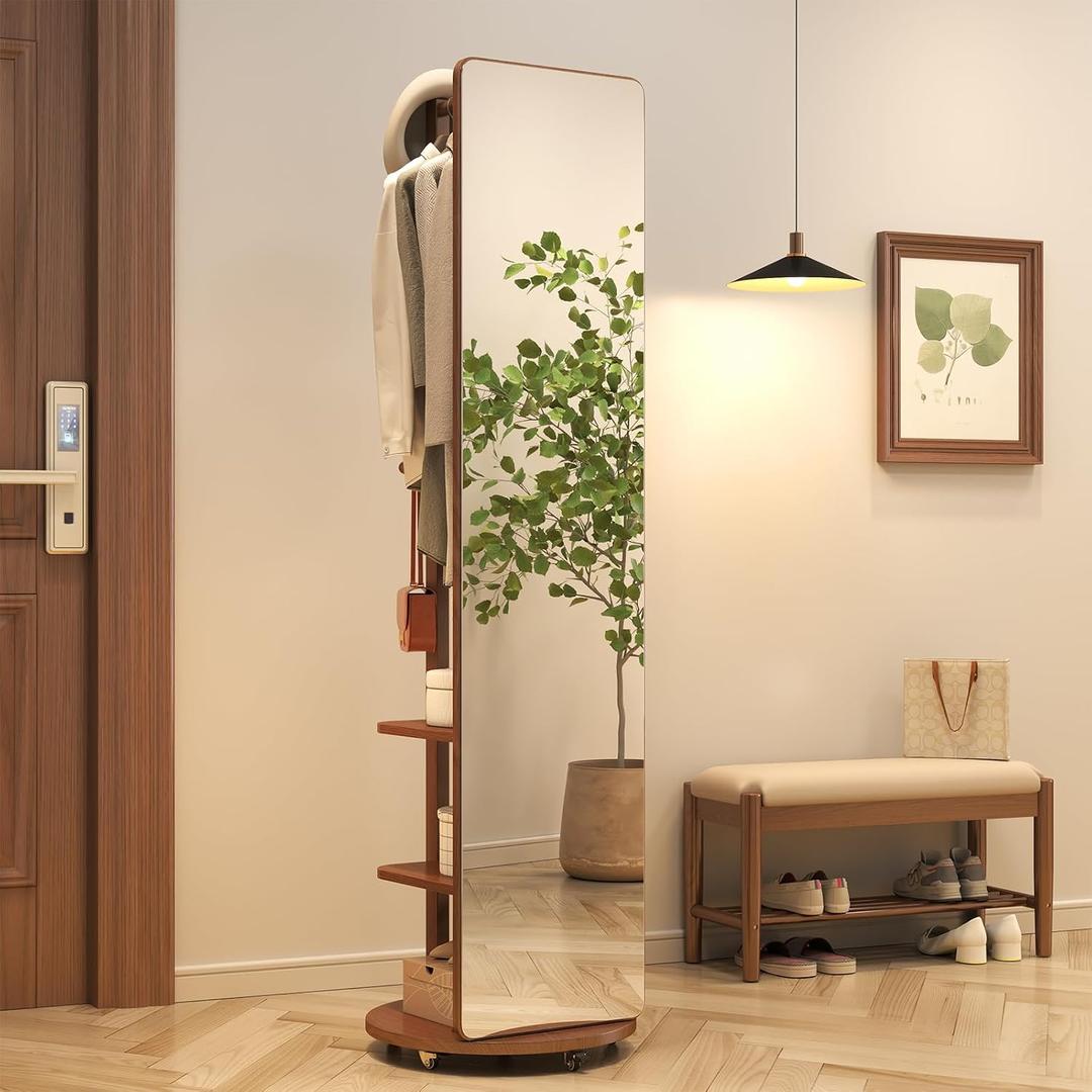 Muwuele Solid Wood Full Length Mirror Coat Rack, 70" x 20" Oversize Standing Mirror Full Length with Brake Wheels, Floor Mirror for Living Room, Entryway (Walnut)