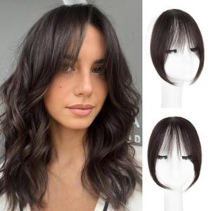 Clip in Bangs, 100% Real Human Hair Brown Black Fake Bangs Clip in Hair Extensions French Bangs Fringe with Temples Hairpieces for Women Curtain Bangs for Daily Wear