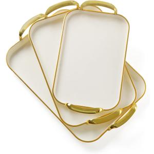 Set of 3 Serving Platters with Handles 16.5/15/13.2 Inch Large Party Serving Trays, Reusable Rectangular White Plastic Trays for Food, Dinner, Cookie, Cake, Turkey, Cheese, Fruit, Appetizer