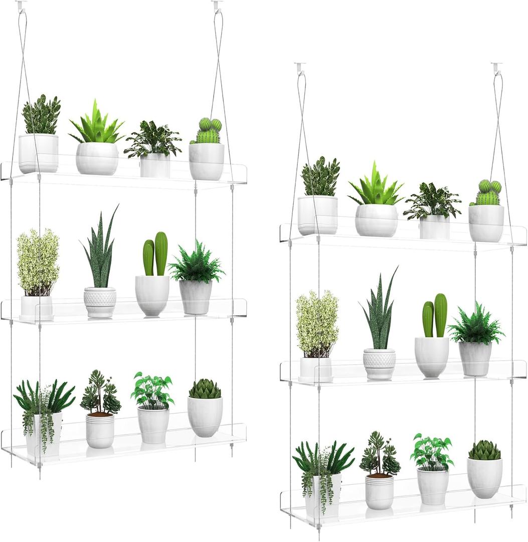 2-Pack Hanging Clear Plant Shelves for Windows, 3-Tier Acrylic Window Wall Plant Stand Shelf for Kitchen Window Indoor Gardens, Flower, Succulents, Herb, Seedling Organization, and Plants Pots Display