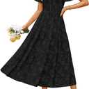 ZESICA Womens Summer Boho Floral Midi Dress 2026 Casual Short Sleeve Square Neck Flowy Beach Vacation Long Dress, Black, Small