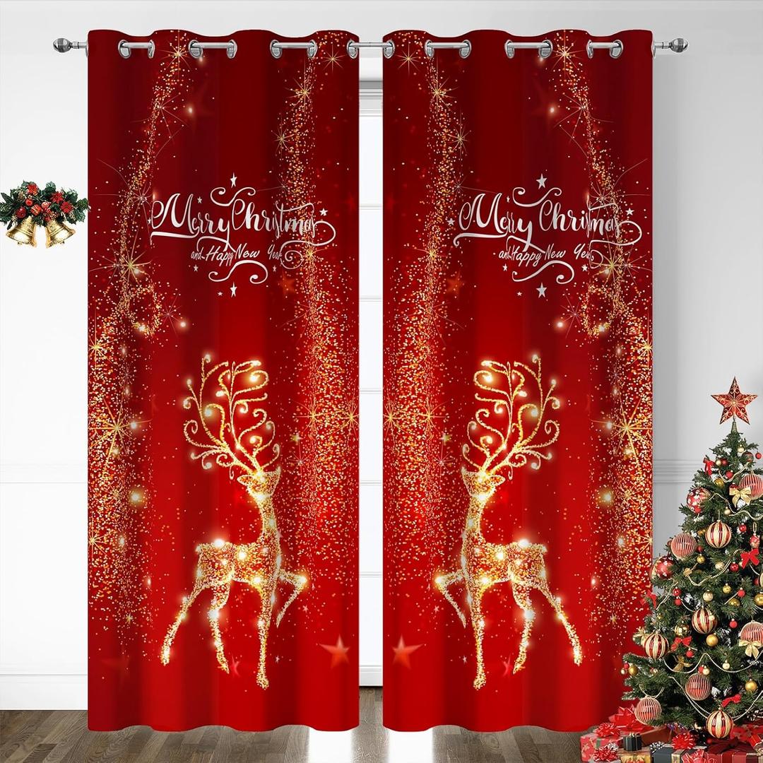 YOSTEV Red Christmas Curtain for Living Room 2 Panel Set, Red Xmas Velvet Window Curtains 84 Inch Long, Sparkle Reindeer Snowflake Thermal Insulated Room Darkening Decoration Curtains, 52x84 Inch (Elk)