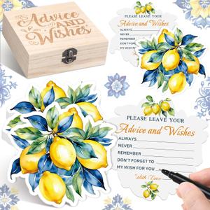 50 Pcs Lemon Advice & Wishes Cards for the Mr & Mrs Amalfi Coast Party Decorations Lemon Bridal Shower Party Favors with Wooden Keepsake Box for Wedding Amalfi Coast Mediterranean