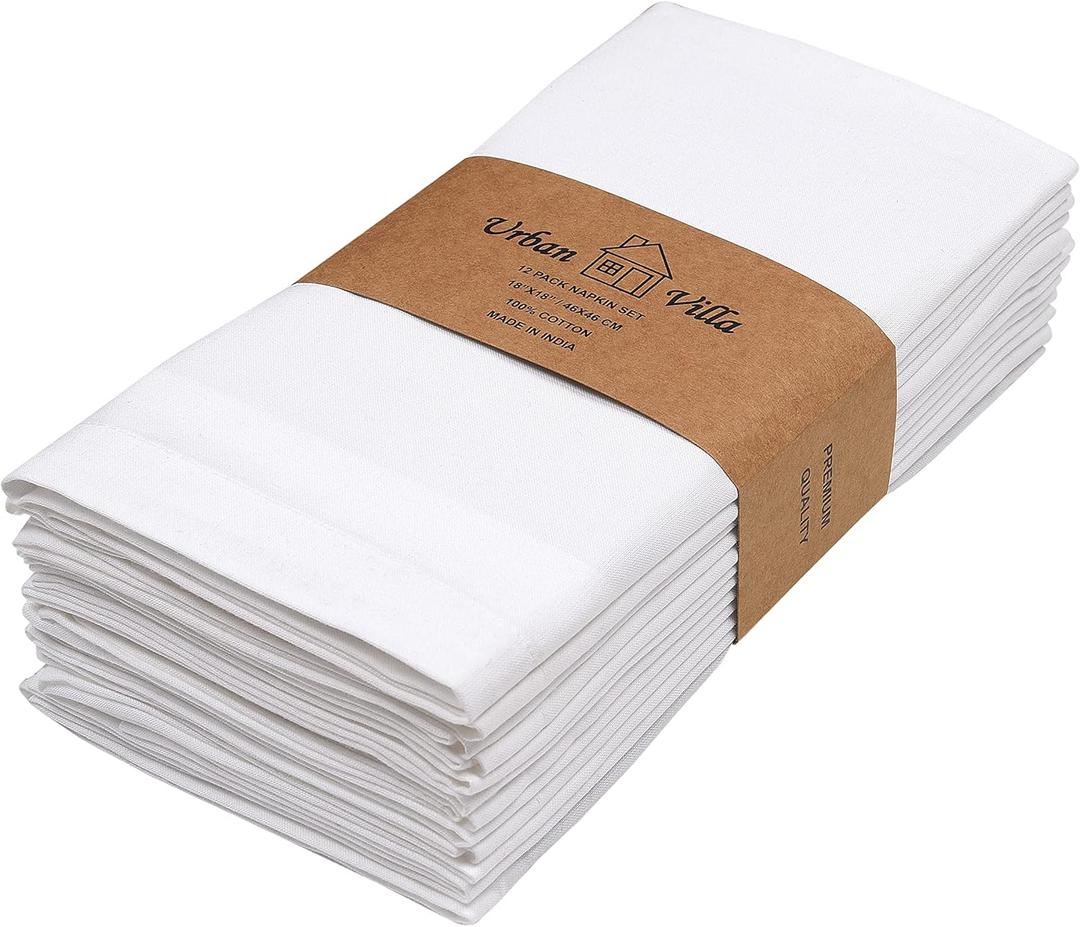 Urban Villa White Cloth Napkins 100% Cotton Dinner Napkins (Set of 12) 18x18 Inches Absorbent Soft Durable Reusable and Washable Napkins - Ideal for Everyday Use Parties Wedding Spring Summer Easter