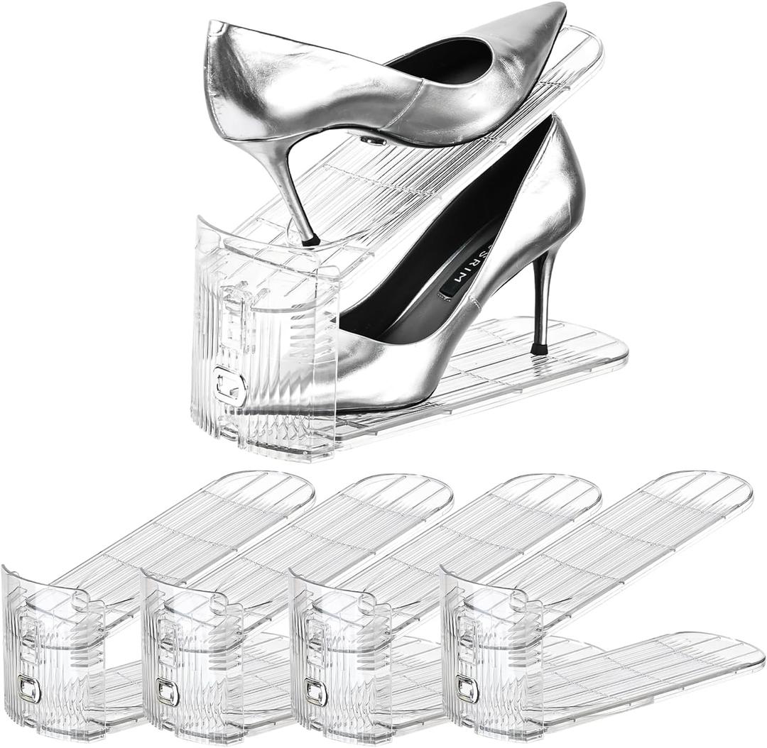 Shoe Slots Organizer,Adjustable Shoe Rack with Three Levels,shoe stackers for a pair of Shoes (Clear, 4 Pack)