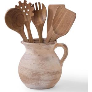 MIYUKI Rustic Kitchen Utensil Holder - 7.6 Inch Ceramic Utensil Crock for Countertop, Vintage Kitchen Counter Decor (Brown)