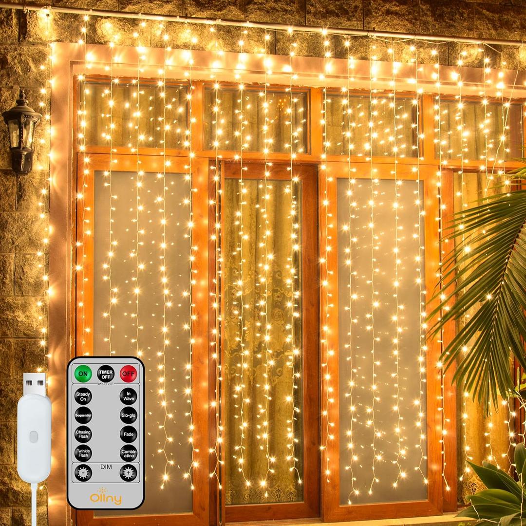 Ollny Curtain Lights 6.6x6.6ft, 200 LED String Lights with Remote 8 Modes Dimmable Timer, USB Power Fairy Light for Bedroom Backdrop Indoor Wall Window Christmas Decorations, Warm White