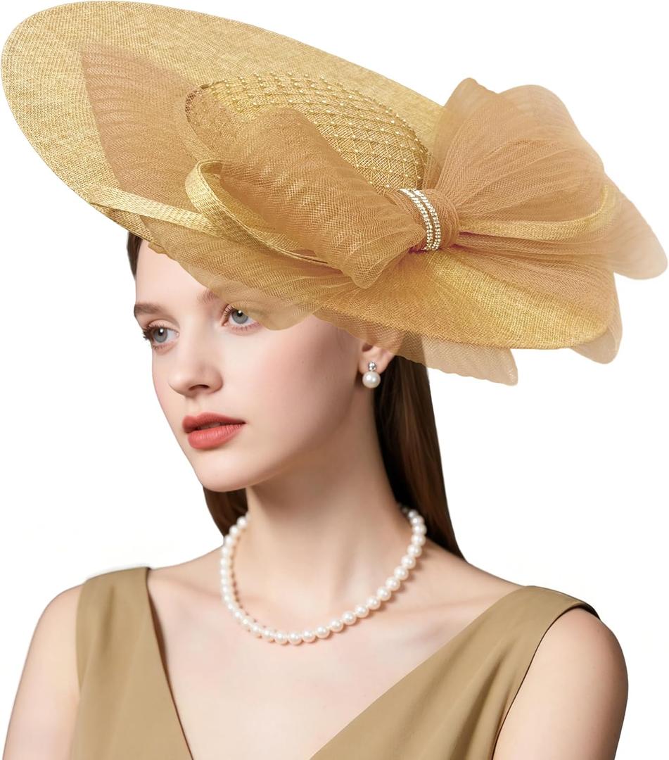 dressfan Wide Brim Fascinator Hats for Women,20s Linen Rhinestones Bow Big Hat for Derby Church Wedding Tea Party