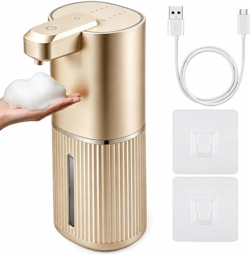 Automatic Soap Dispenser, Foaming Soap Dispenser Touchless with Continuous Dispensing, 4-Level Adjustable, Rechargeable Hand Soap Dispensers, Wall Mounted or Countertop for Bathroom & Kitchen