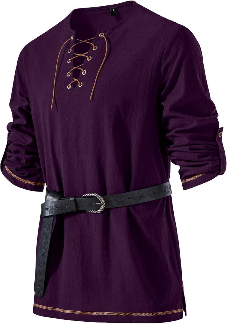 JEMITOP Men's Pure Cotton Vintage Lace Up Shirts for Pirate Renaissance Viking Medieval Costume Without Belt (Medium, Purple)