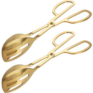 OMISTAR Gold Buffet Tongs Salad Tong Set of 2-10 Inch Double-Sided Stainless Steel Food Serving Bread Tongs with Scissor Handles for Cooking Buffet Catering Bread Pastry Dessert BBQ
