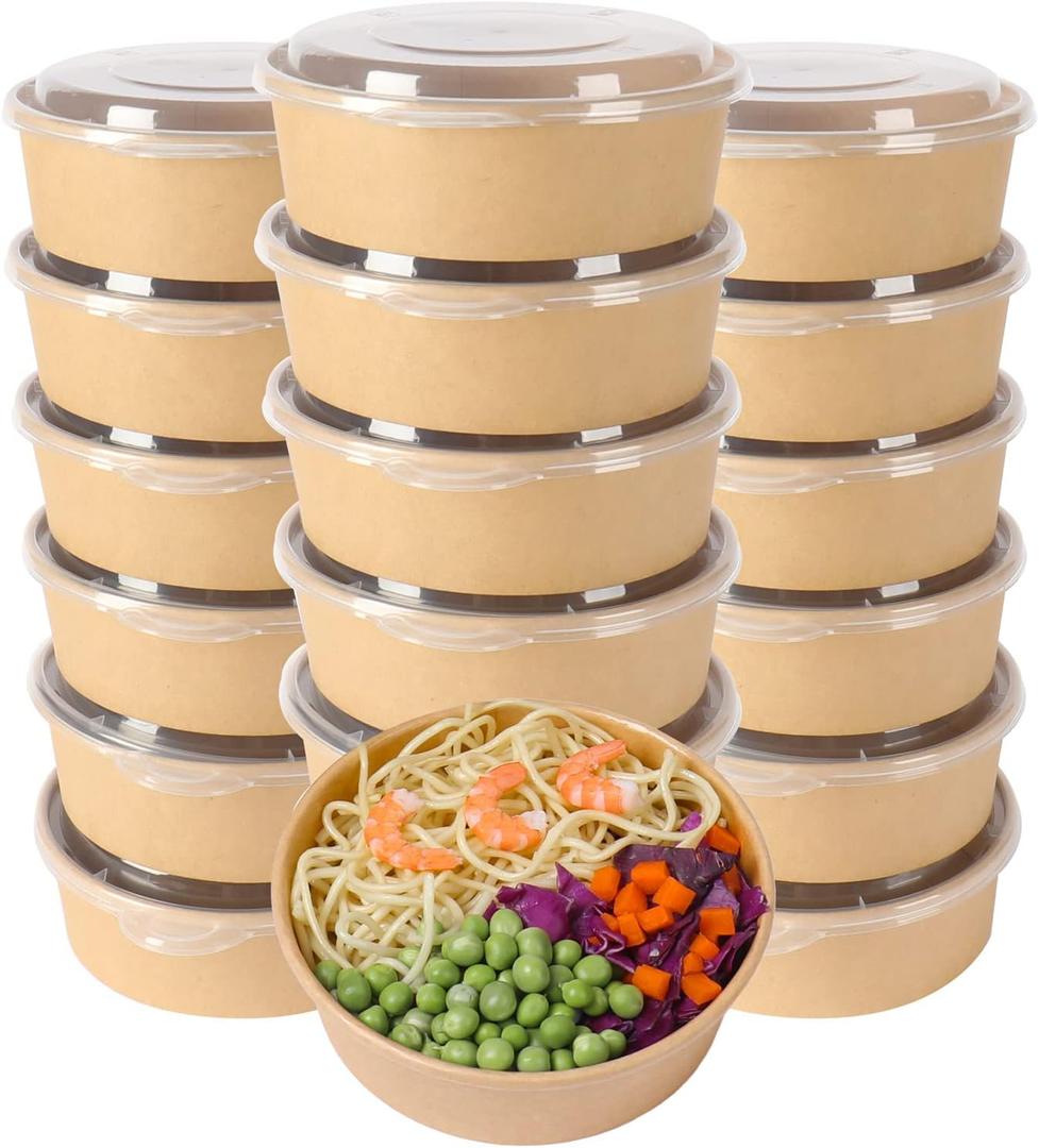 17 oz Disposable Kraft Paper Bowls with Lids, Food Containers for Soup, Party Supplies, Treat Bowls - 50 Pack