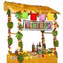 45 Pcs Tiki Bar Hut Set Tropical Tabletop Hut Luau Grass Table Skirt Golden Tablecloth Hibiscus Garland Luau Bar Banner Tropical Palm Leaves Paper Lantern LED Light for Hawaiian Decor(Gold Tiki), Large