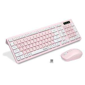Wireless Keyboard and Mouse Combo, Reccazr 2.4G Full-Sized Keyboard and Mouse Cordless, 3 DPI Adjustable Mouse, Dual-System Keyboard for Computer/Laptop/Windows/Mac (Pink & White)