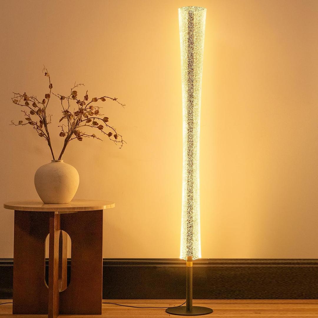 NUR Modern LED Floor Lamp with Remote & Foot Switch, 2700K6500K 3 Color Temps & 10100% Dimming, Sparkly Glitter Acrylic Tube Column, Slim Black Tall Standing Lamp for Living Room Bedroom Office