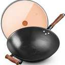 WANGYUANJI 14.17 Cast Iron Wok with Glass Lid  Traditional Round Bottom Chinese Wok for Gas Stove & Open Flame (Wok Ring Required)  Uncoated Clay-Mold Turtle Shell Texture  Seasoning Needed