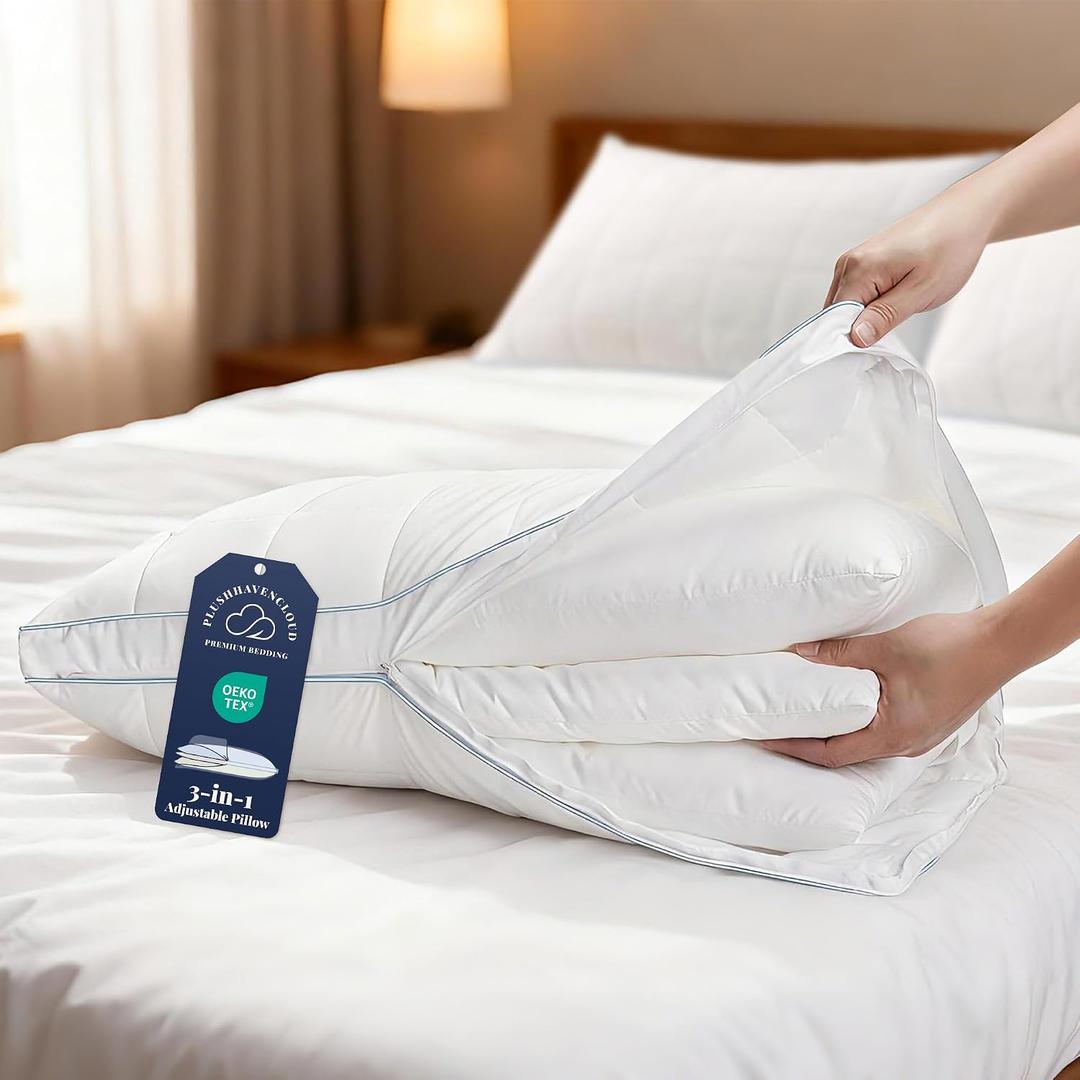 3-in-1 Adjustable Pillows Bed Pillow - Hotel Pillow Queen Size Pillow for Sleeping with 3 Removable Inserts, Assemblable Height & Soft Firm Pillows for Back, Stomach or Side Sleepers