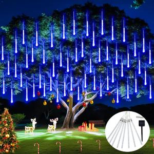 JMEXSUSS Solar Christmas Lights Outdoor, 8 Tube 144 LEDs Solar Meteor Shower Lights Outdoor, Hanging Blue Christmas Light for Tree Icicle Garden Yard Patio Gazebo Party Xmas Decor