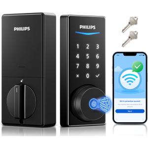 Philips Built-in WiFi Smart Lock, Keyless Entry Door Lock with App, Touchscreen, Fingerprint Door Lock  Compatible with Alexa & Google, Splash-Proof Design, Includes 8 Batteries, Black