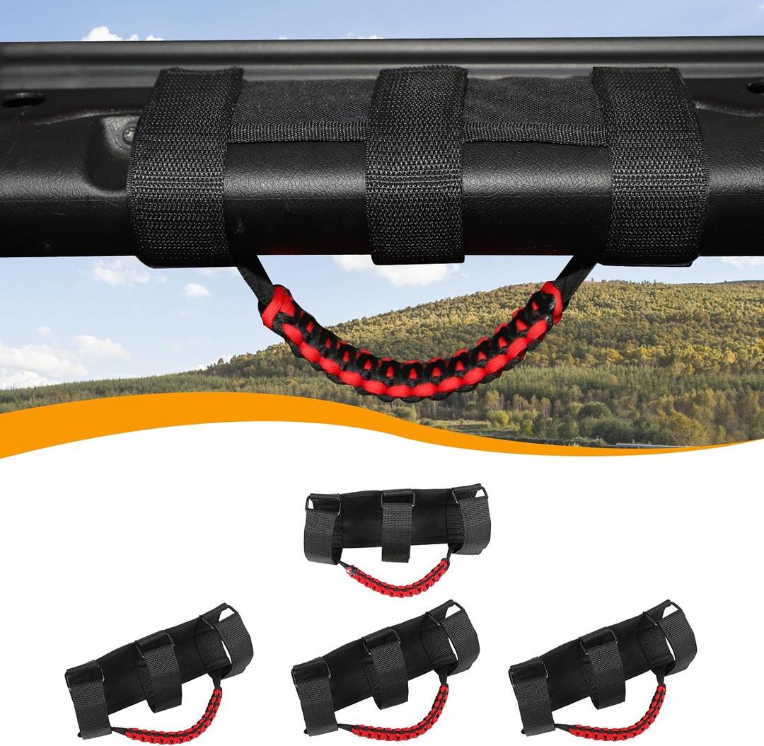 4 x Roll Bar Grab Handles Paracord Grip Handles Compatible with 1955-2023 Jeep Wrangler YJ TJ JK JKU JL JLU & Gladiator JT, Black & Red, Interior Accessories