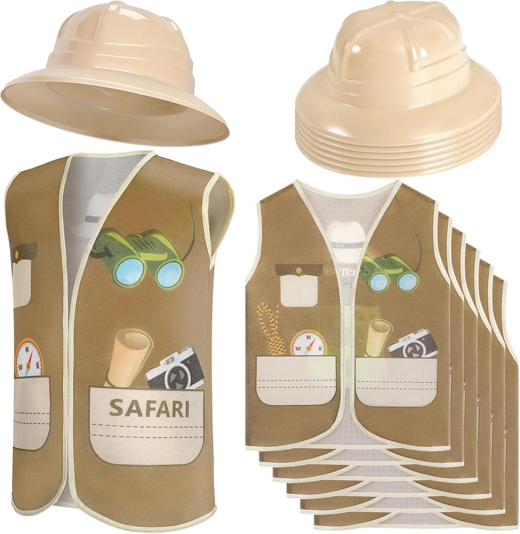Coume 12 Pcs Safari Hats and Vest Safari Dress Costume Include 6 Plastic Explorer Hats and 6 Jungle Vest Party Supplies for Theme Jungle Party Birthday Halloween Decorations