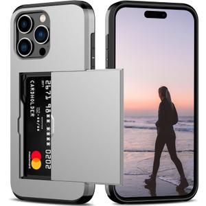 Nvollnoe Compatible with iPhone 15 Pro Max Case with Card Holder Heavy Duty Protective Dual Layer Shockproof Hidden Card Slot Slim Wallet Phone Cover for Women & Men 6.7 inch (Gray)