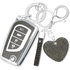 Key Fob Cover with Diamond Keychain Car Key Shell Compatible with Toyota Avalon Camry Corolla Fortuner Highlander Levin Rav4 Sequoia Sienna Tacoma Tundra Yaris (4 Buttons-Black Heart)