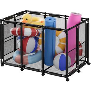 Extra Large Pool Storage Bin, Metal Rolling Float Swimming Equipment Holder Organizer Cart with Mesh, Black XL