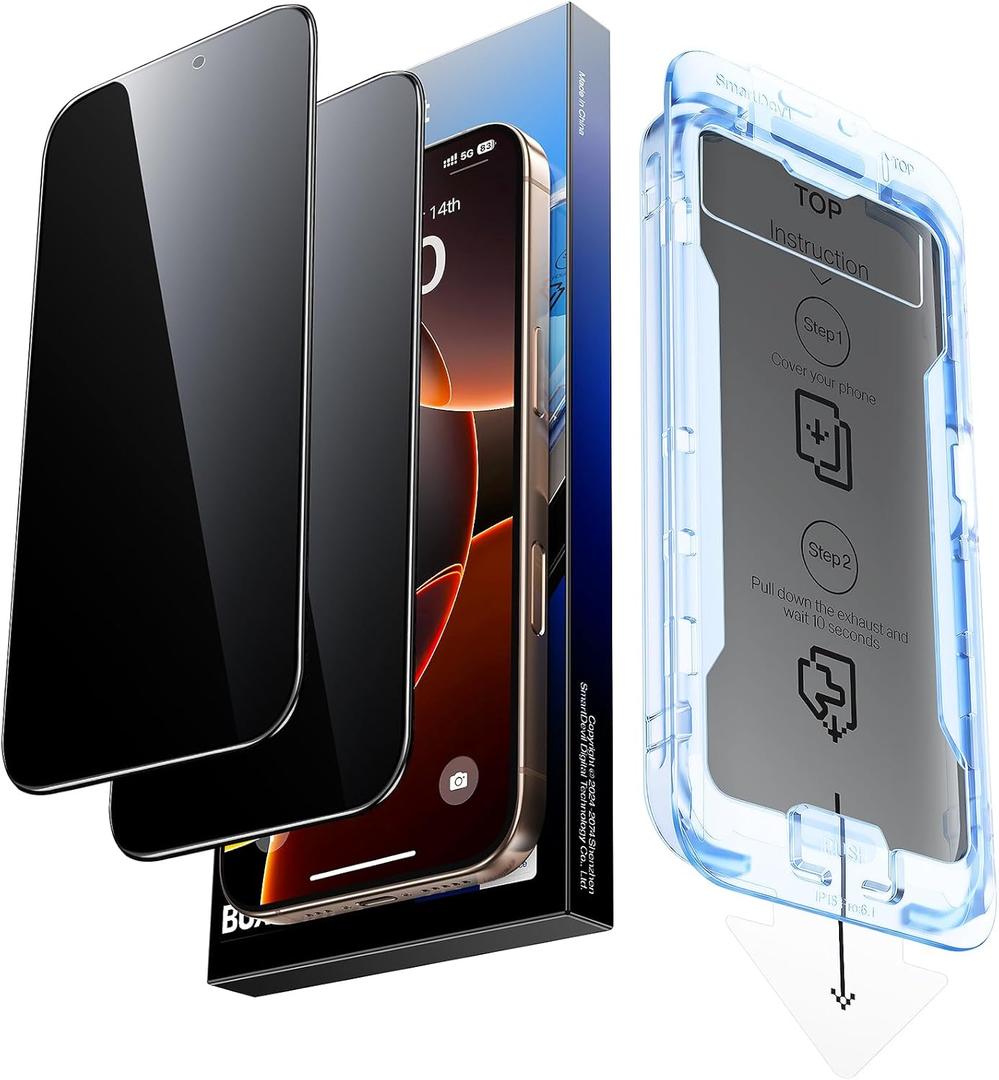 SMARTDEVIL 2 Pack for iPhone 16 Pro Max Privacy Screen Protector, Military-Grade Shatterproof Protection, 9H Hardness, Anti-Spy Privacy Tempered Glass, Easy Installation, No Bubble