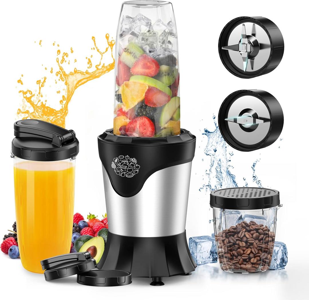 Suavo Smoothie Blender 1100W Portable Personal Blender for Shakes and Smoothies with 2 * 22Oz To-Go Cups & Lids, Includes Portable Coffee Grinder and 10Oz BPA-Free Travel Cup Countertop Mixer